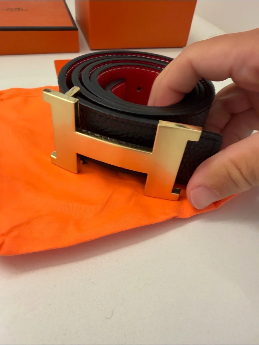 Hermès Reversible H Belt – Red & Black Leather, Gold H Buckle, Box & Dust Bag